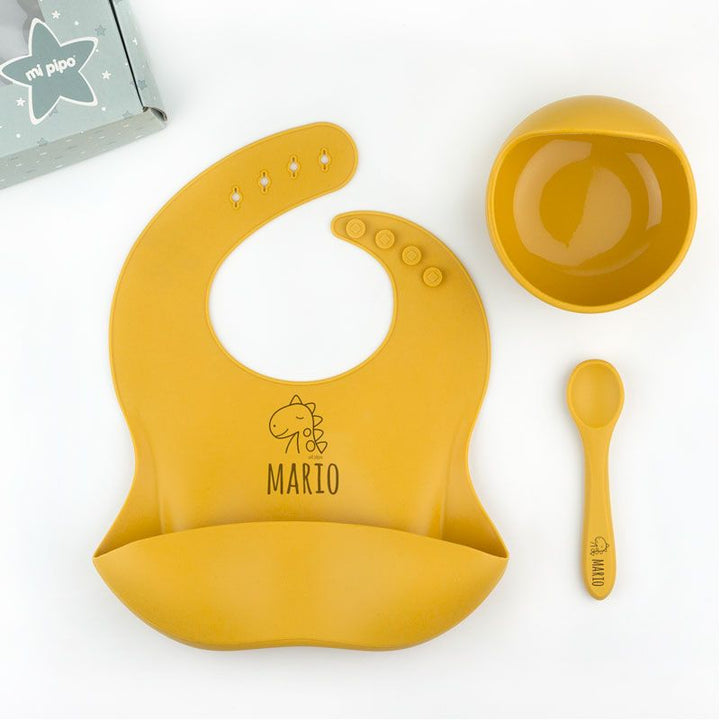 Vajilla con babero, bol y cuchara de silicona Personalizada, dibujo a elegir - Mikeko