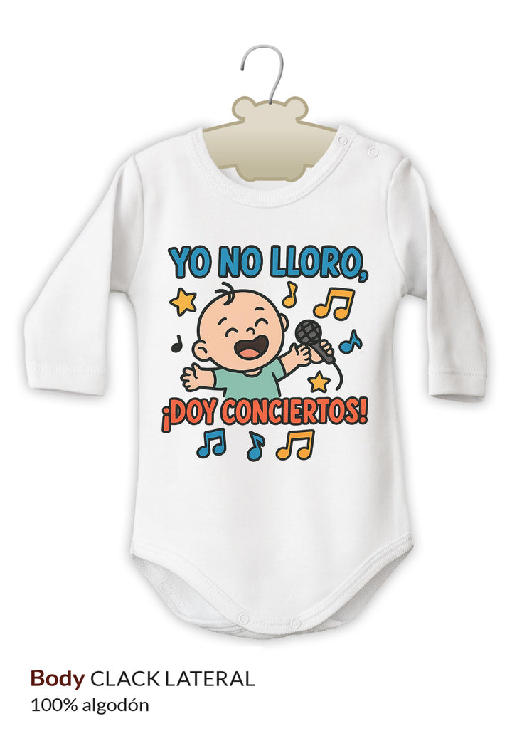 Body blanco de manga larga para bebé con diseño de caricatura de niño llorando, texto azul y naranja "Yo no lloro, ¡doy.