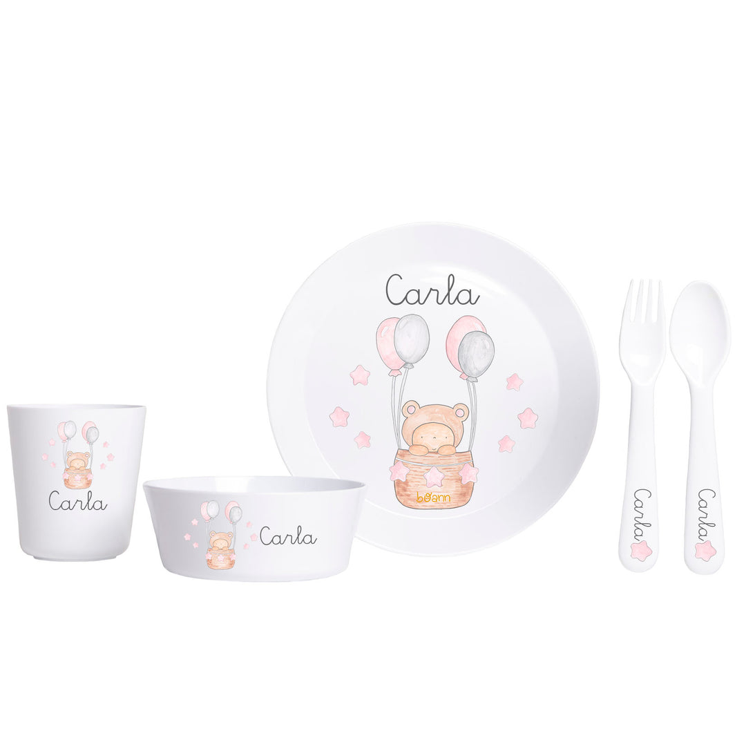 Vajilla Completa (Platos + Vaso + Cubiertos) diseño Globos Rosa con Nombre Personalizado - Mikeko
