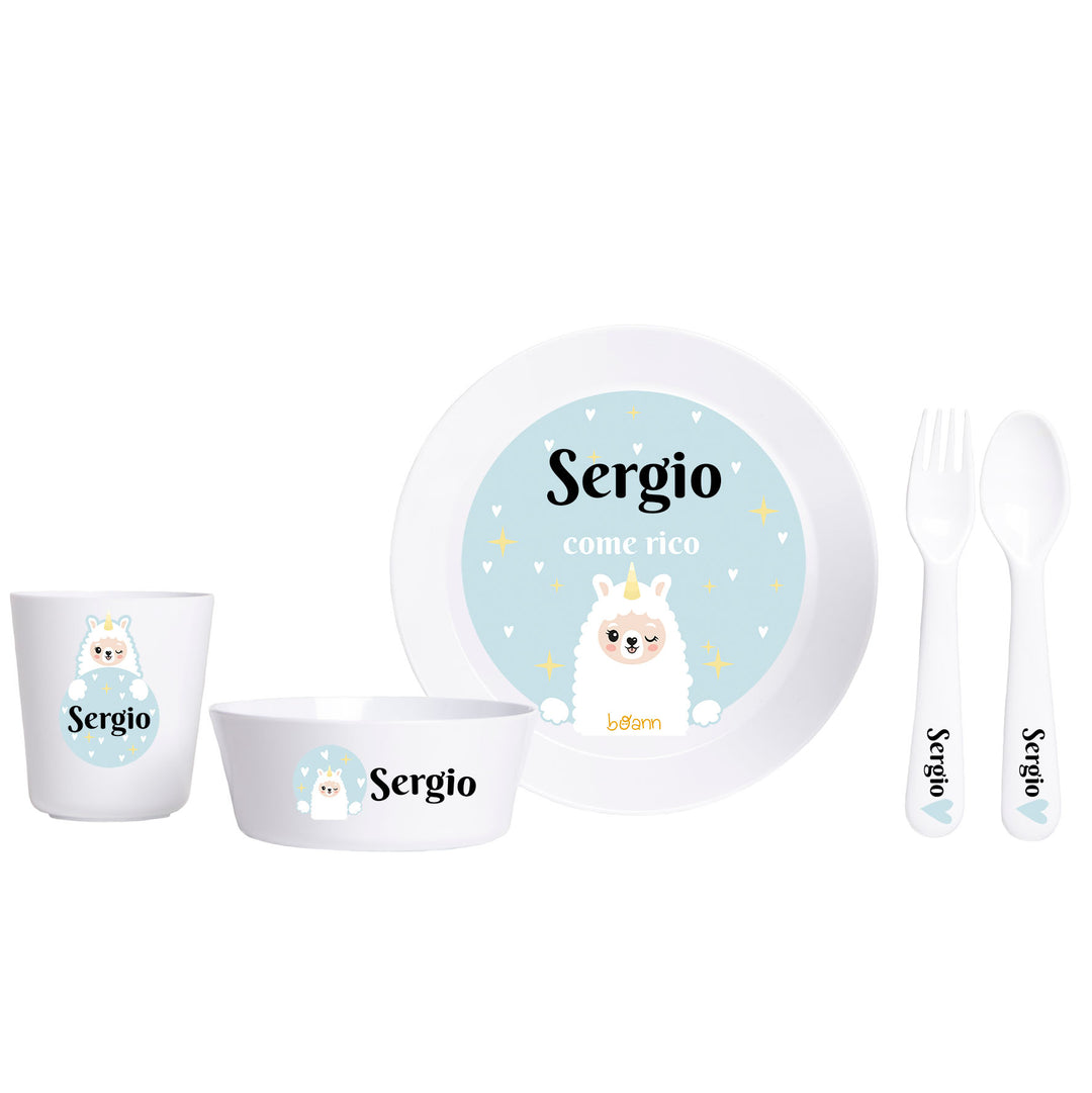 Vajilla Completa (Platos + Vaso + Cubiertos) diseño Llama con Nombre Personalizado - Mikeko