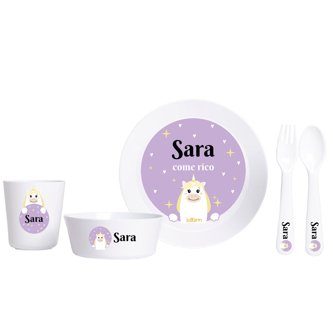 Vajilla Completa (Platos + Vaso + Cubiertos) diseño Unicornio Estrellas con Nombre Personalizado - Mikeko