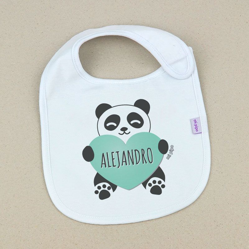 Babero Personalizado Panda Corazón Menta - Mikeko