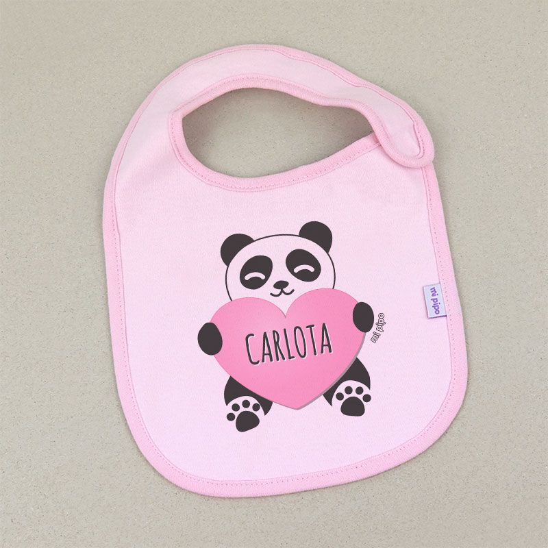 Babero Personalizado Panda Corazón Rosa - Mikeko