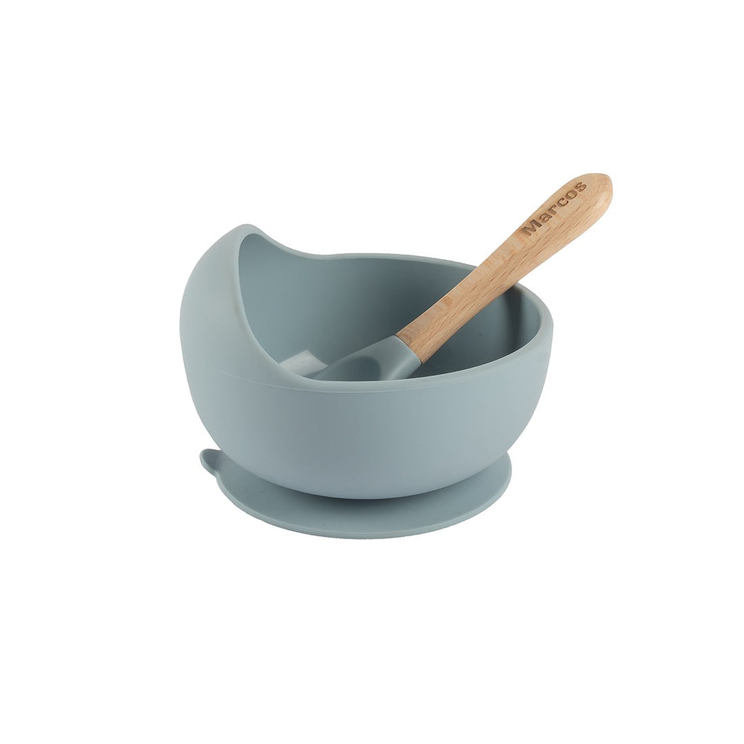 Bol de Silicona con Cuchara de Madera Personalizado - Azul - Mikeko