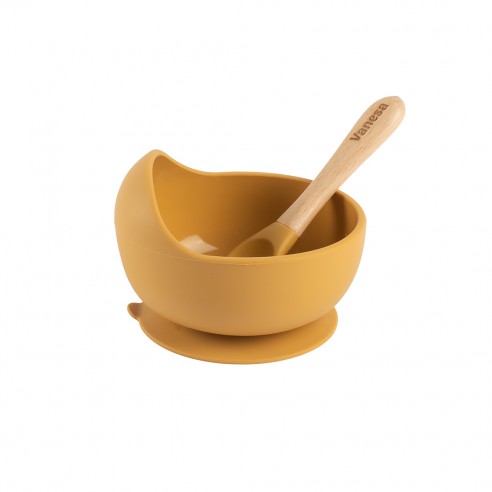 Bol de Silicona con Cuchara de Madera Personalizado - Mostaza - Mikeko