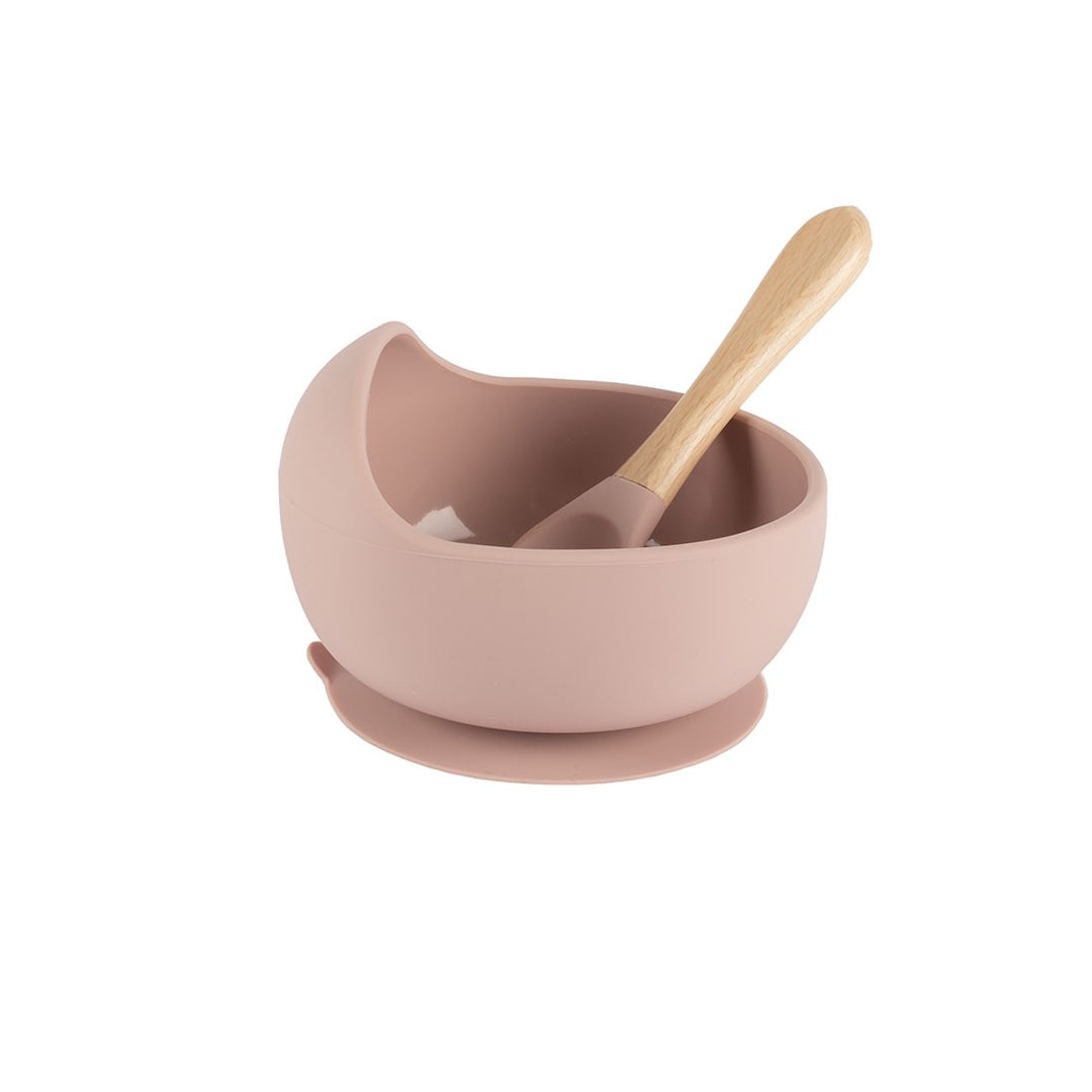 Bol de Silicona con Cuchara de Madera Personalizado - Rosa - Mikeko