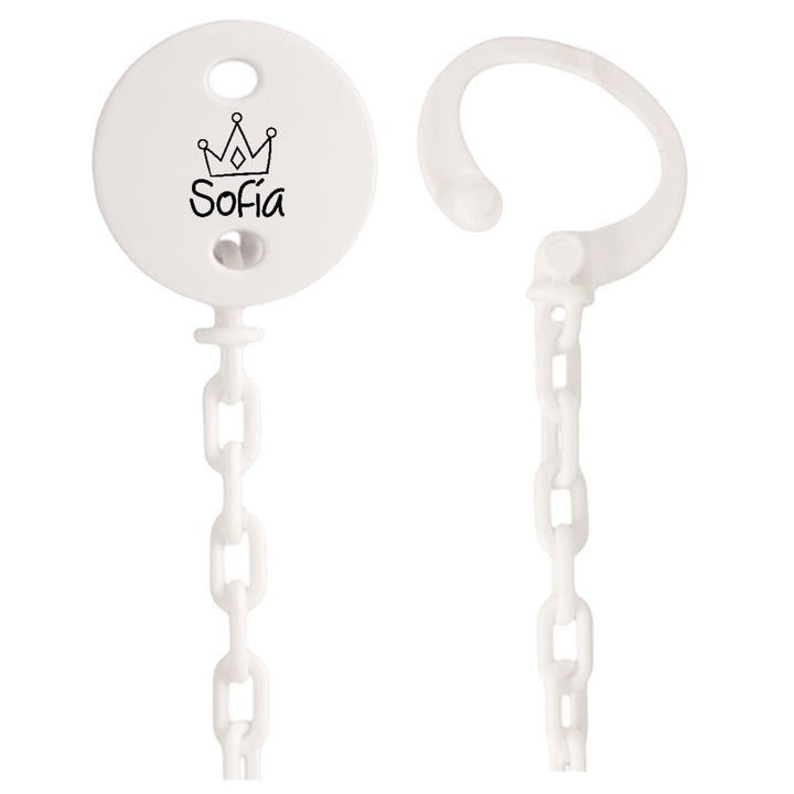 Cadena Sujeta Chupete Dibujo Corona con Nombre Personalizado - Mikeko
