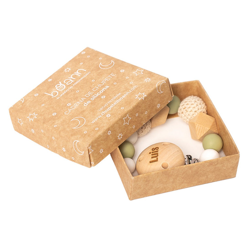 Cadena Sujeta Chupete Silicona Verde Oliva con Nombre Personalizado - Mikeko