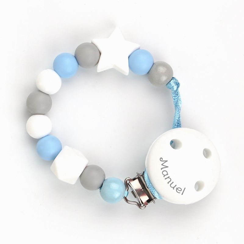 Cadenita Silicona Baby Celeste con nombre en el CLIP - Mikeko