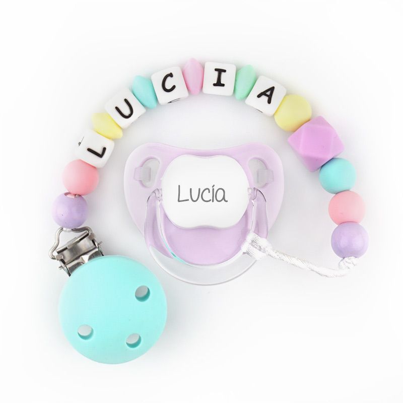 Cajita Chupete Baby Malva + Cadenita de silicona Turquesa multicolor personalizados - Mikeko