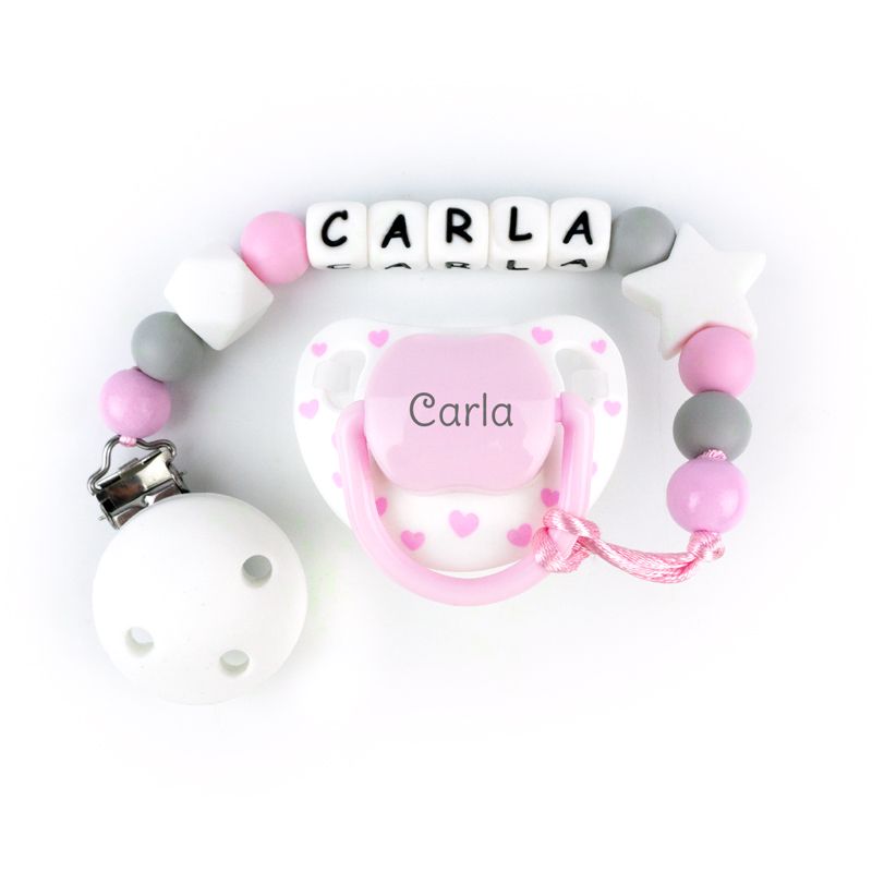 Cajita Chupete Chic Blanco Rosa + Cadenita de silicona Baby Rosa personalizada - Mikeko