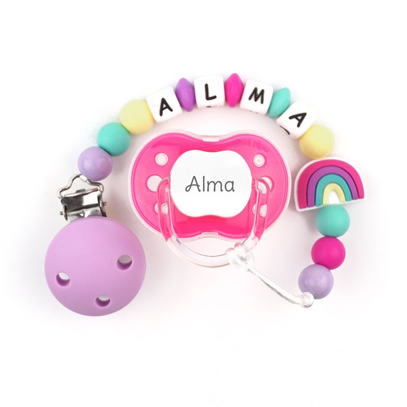Cajita Chupete Fucsia + Cadenita de silicona Arcoíris Multicolor personalizada - Mikeko