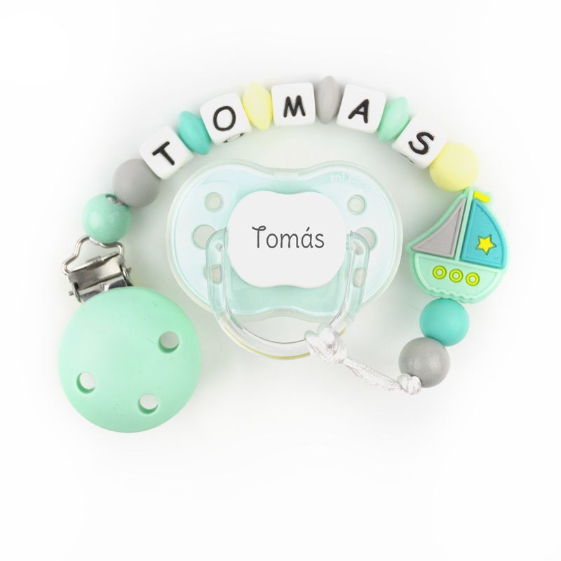 Cajita Chupete Menta + Cadenita de silicona Barquito Menta personalizada - Mikeko