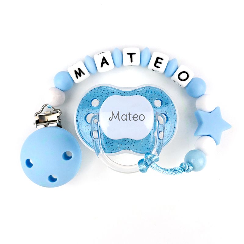 Cajita Chupete Purpurina Azul + Cadenita de silicona Estrella Azul personalizada - Mikeko