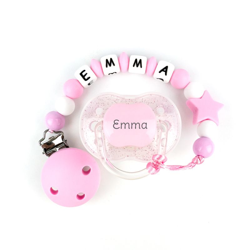 Cajita Chupete Purpurina Rosa + Cadenita de silicona Estrella Rosa personalizada - Mikeko