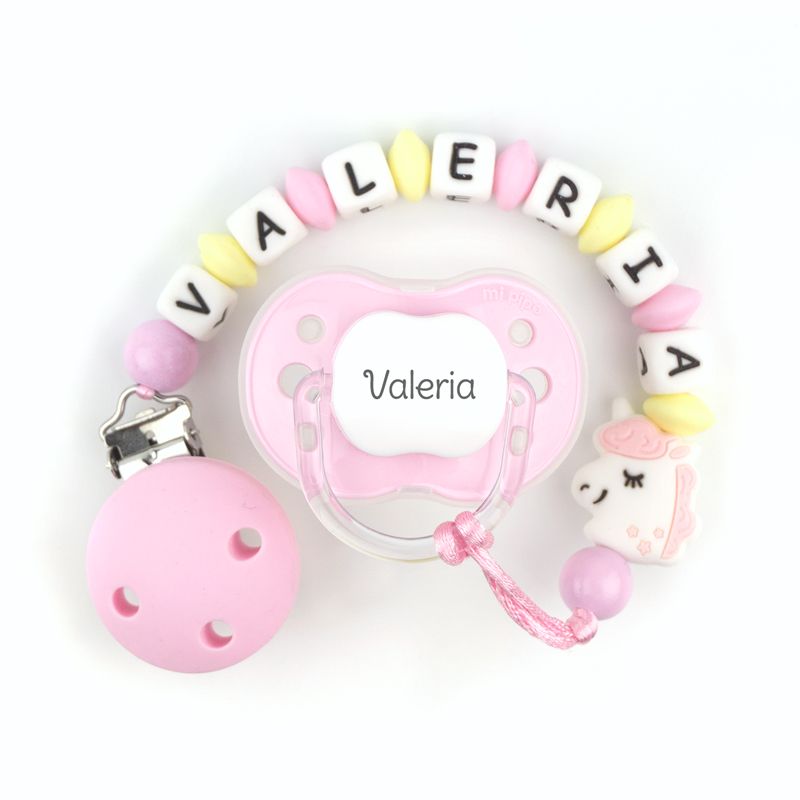 Cajita Chupete Rosa + Cadenita de silicona Unicornio Rosa personalizada - Mikeko