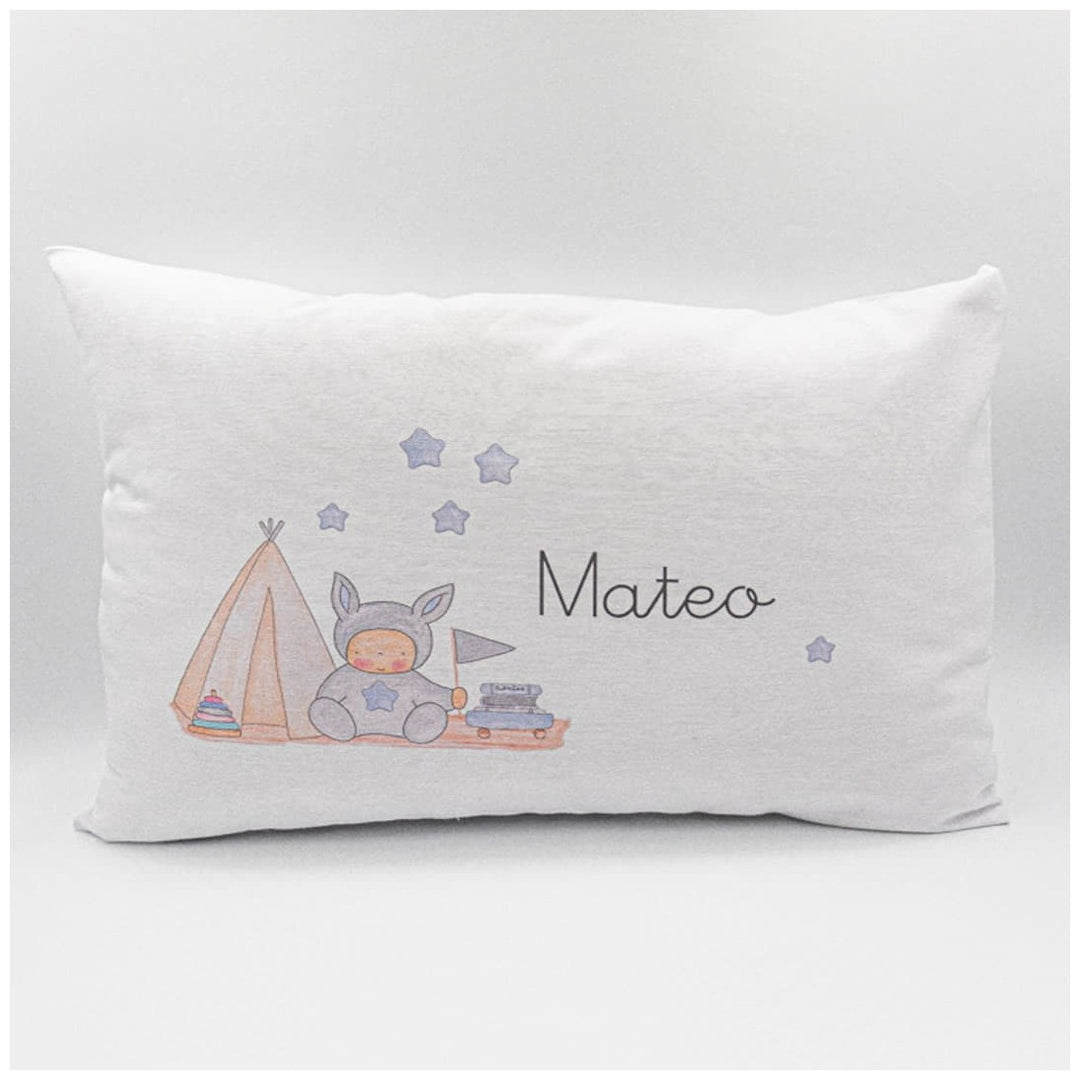 Cojín Camping Azul con Nombre Personalizado - Mikeko