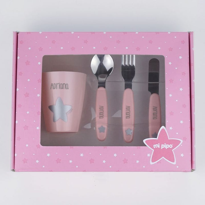 Set vasito y cubiertos acero personalizados - Mikeko