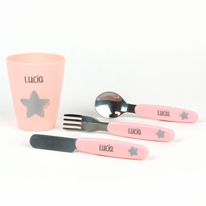 Set vasito y cubiertos acero personalizados - Mikeko