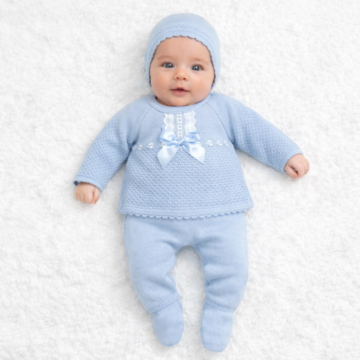 Conjunto hilo con lazo y gorro – Celeste