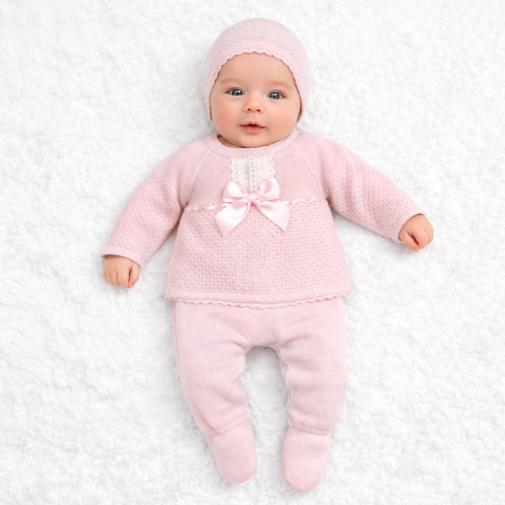 Conjunto hilo con lazo y gorro – Rosa