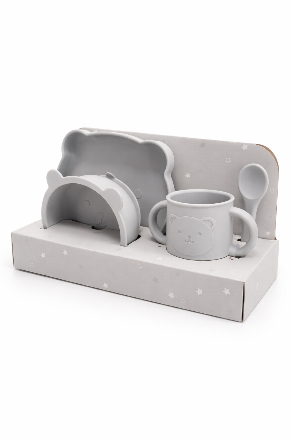 Set de Vajilla Infantil de Silicona con Diseño de Osito – Gris