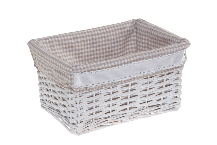 Cesta de mimbre blanca con forro de tela vichy