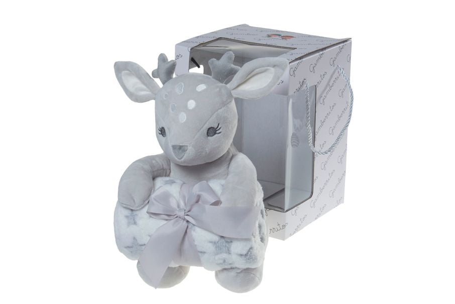 Manta personalizada con nombre + peluche ciervo gris | Regalo bebé