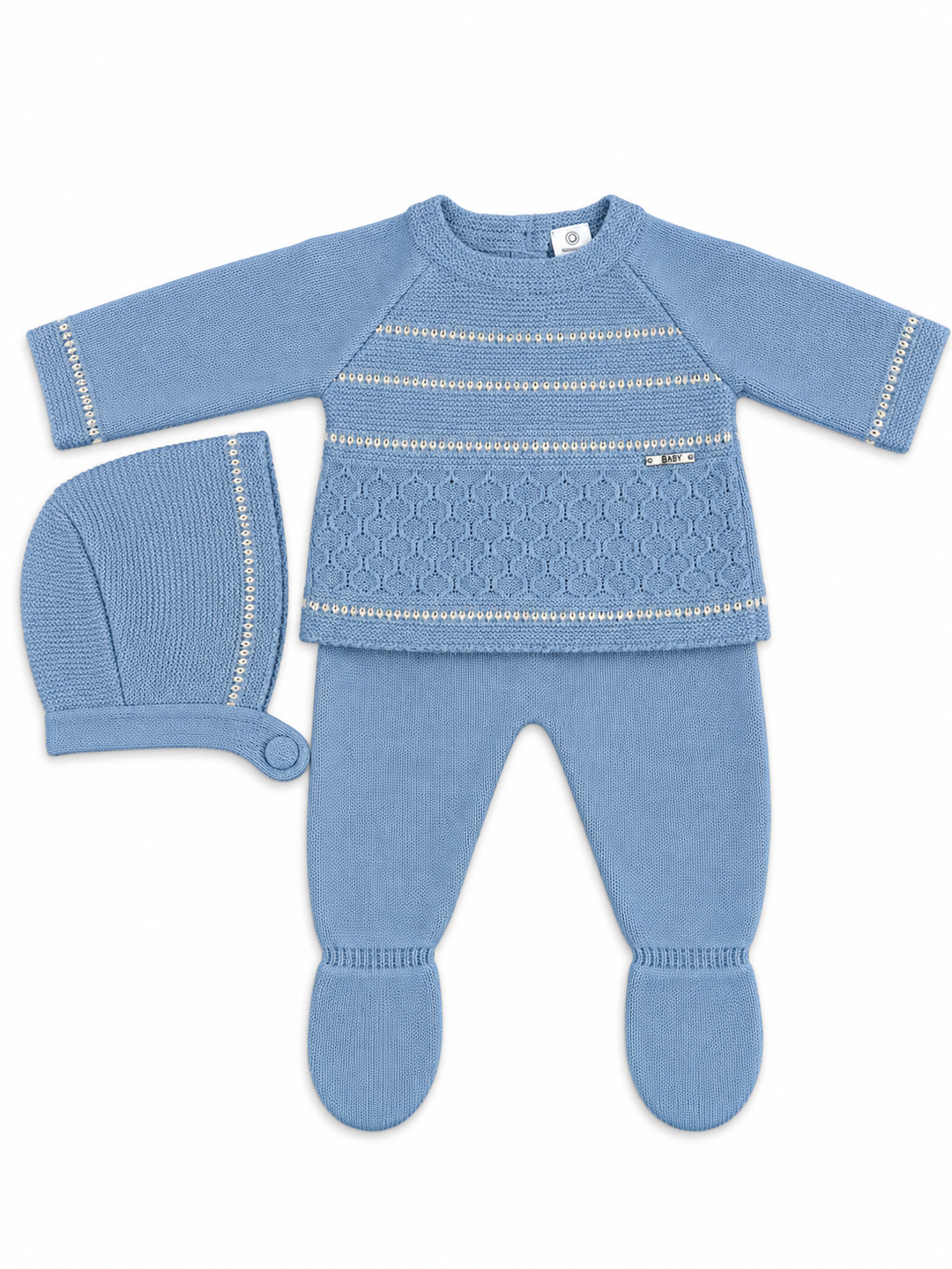 Conjunto de punto para bebé azul azafata con gorrito
