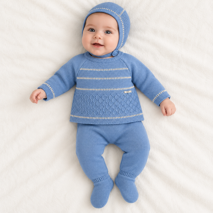 Conjunto de punto para bebé azul azafata con gorrito