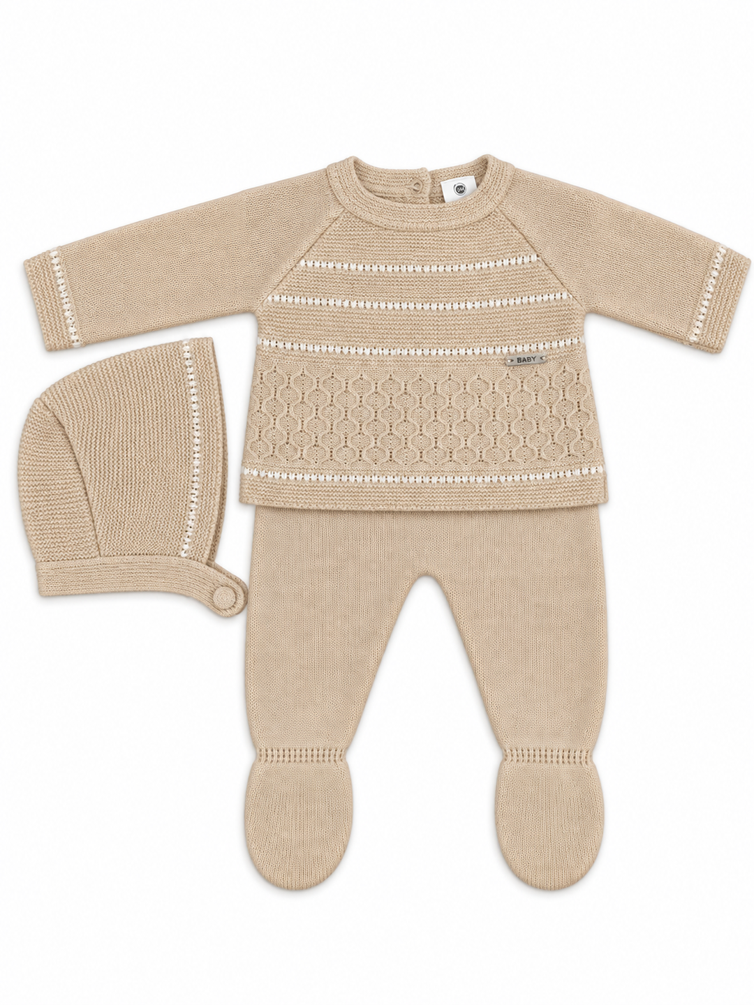 Conjunto de punto bebé camel con polaina y gorrito