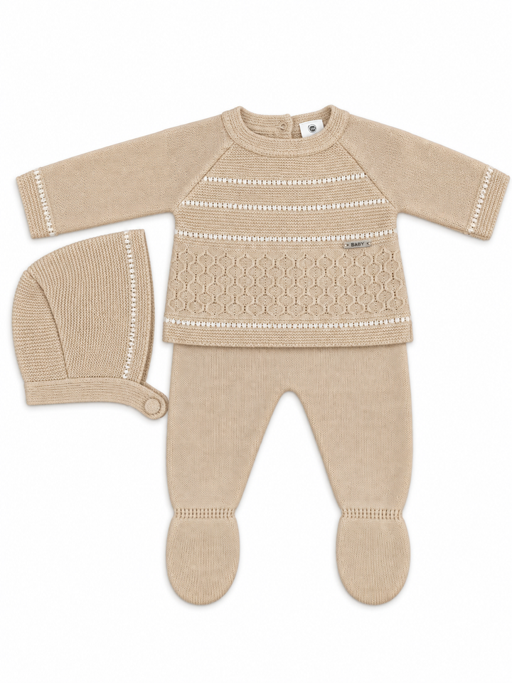 Conjunto de punto bebé camel con polaina y gorrito