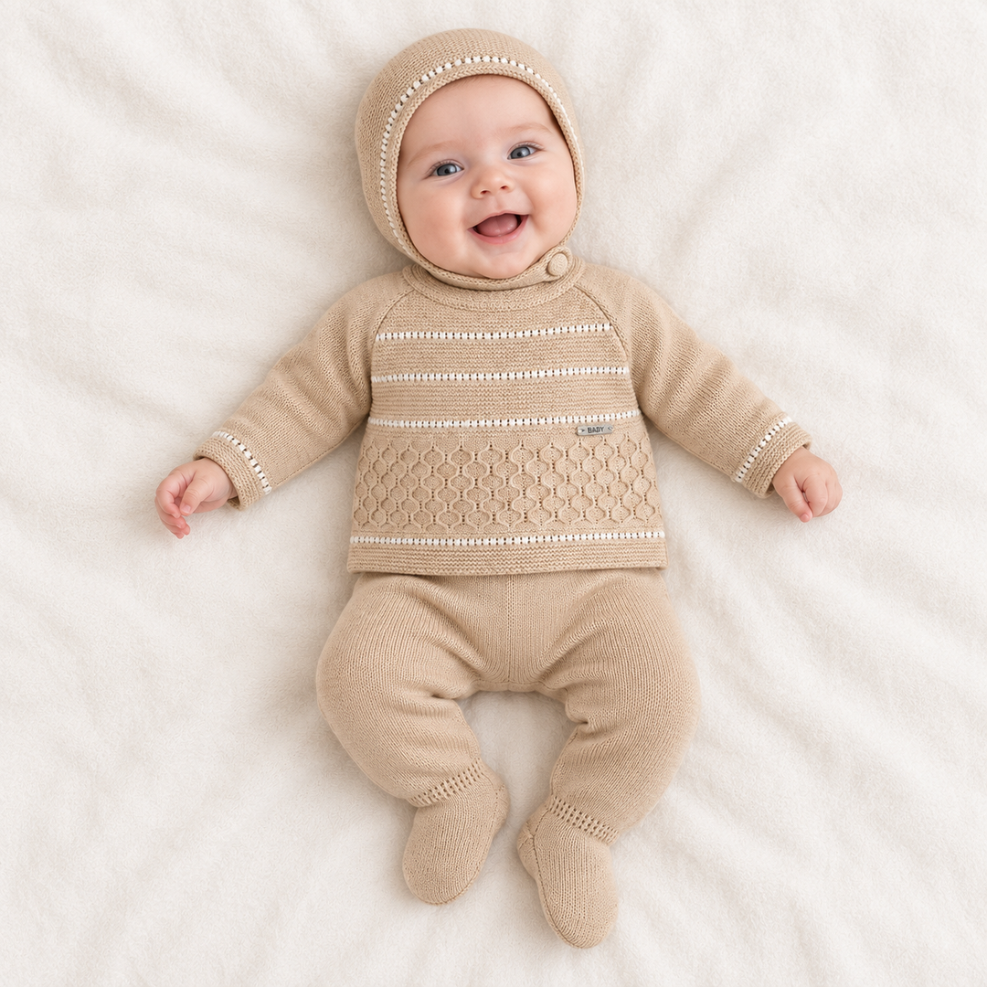 Conjunto de punto bebé camel con polaina y gorrito