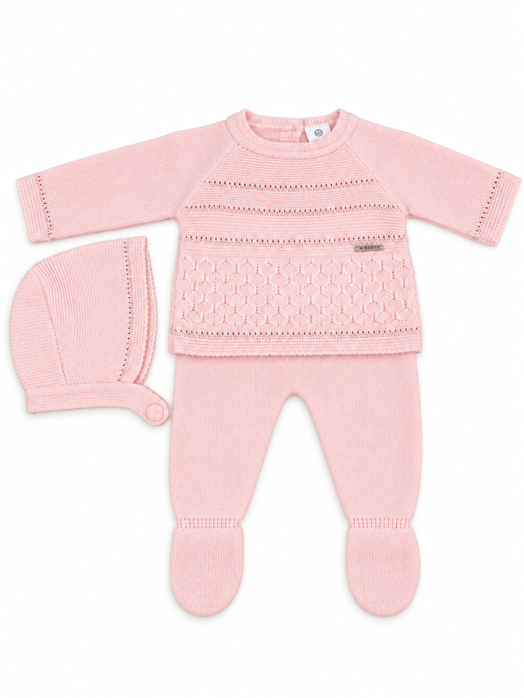 Conjunto de punto bebé rosa con calados y gorrito