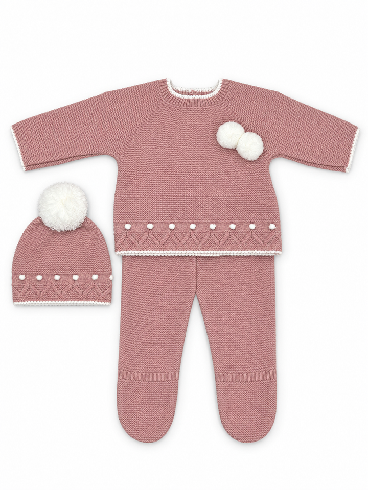 Conjunto de punto para bebé con gorro – Rosa maquillaje