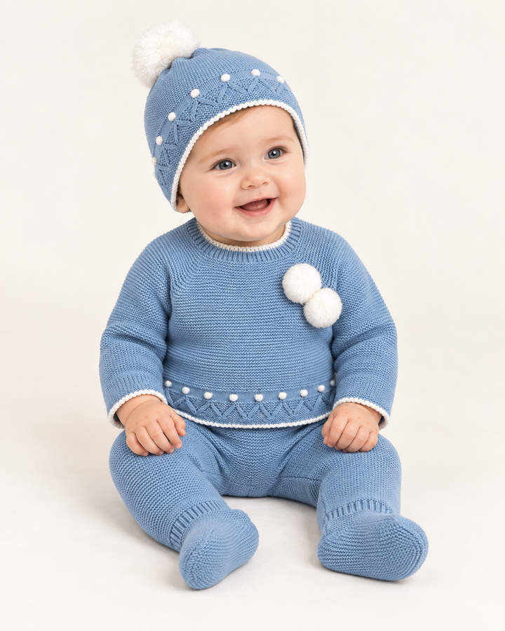 Conjunto de punto para bebé con gorro – Azul azafata