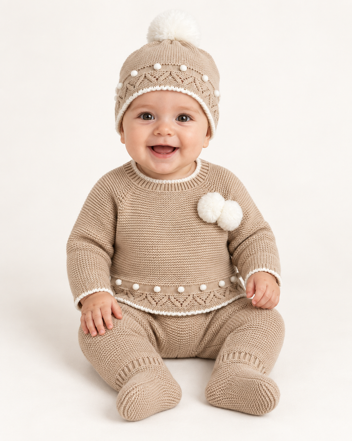 Conjunto de punto para bebé con gorro – Camel