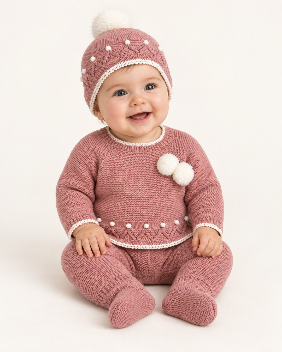 Conjunto de punto para bebé con gorro – Rosa maquillaje