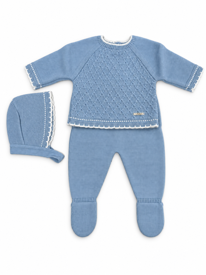 Conjunto de punto para bebé con capota – Azul azafata
