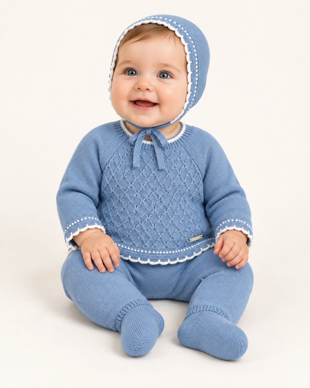 Conjunto de punto para bebé con capota – Azul azafata