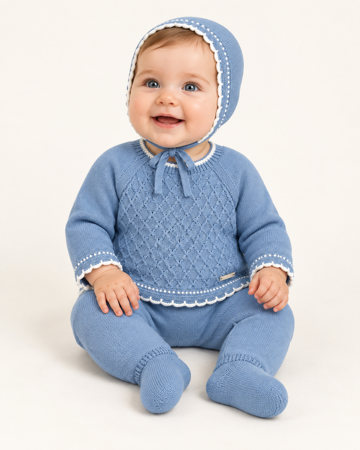 Conjunto de punto para bebé con capota – Azul azafata