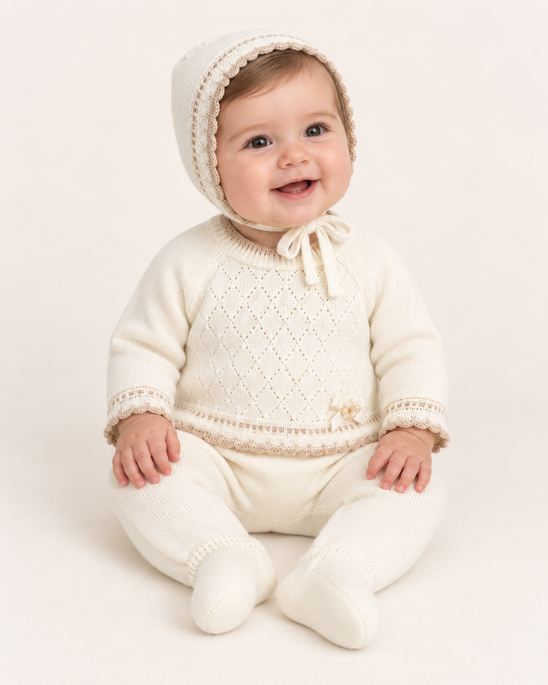 Conjunto de punto para bebé con capota – Beige