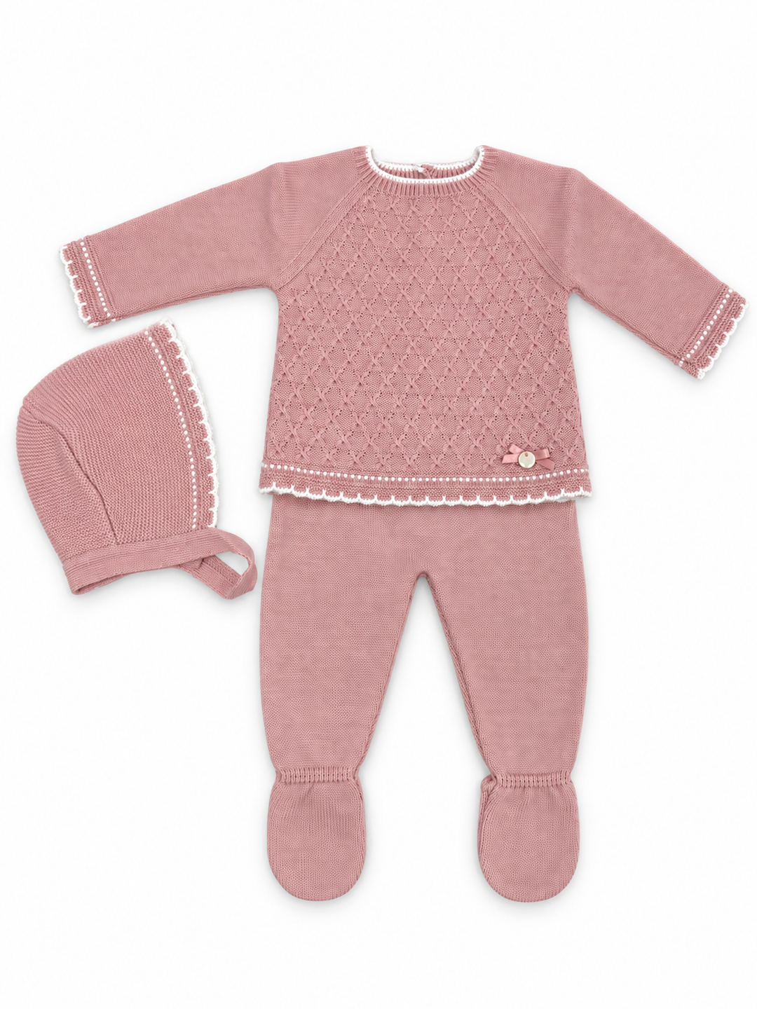 Conjunto bebé de punto calado con capota – Rosa maquillaje