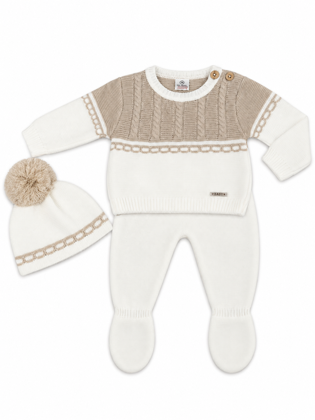 Conjunto bebé blanco y beige de punto con gorro de pompón