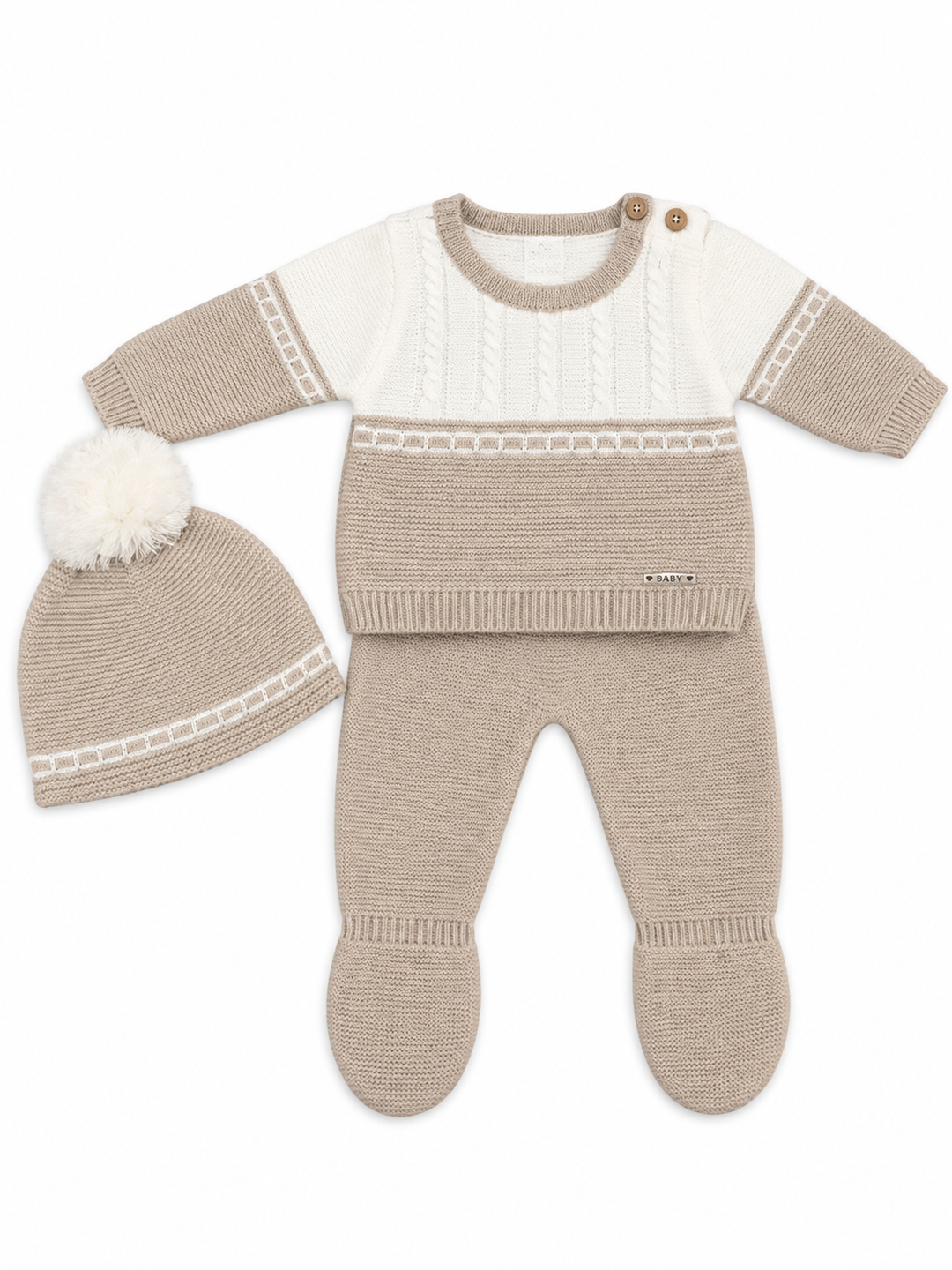 Conjunto bebé camel y marfil con trenzas y gorro de pompón