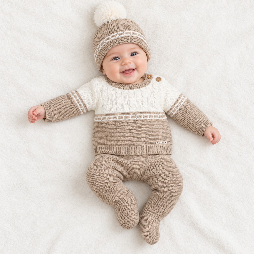 Conjunto bebé camel y marfil con trenzas y gorro de pompón