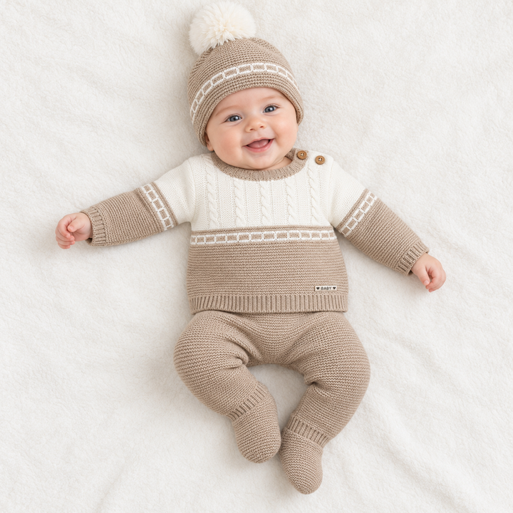 Conjunto bebé camel y marfil con trenzas y gorro de pompón