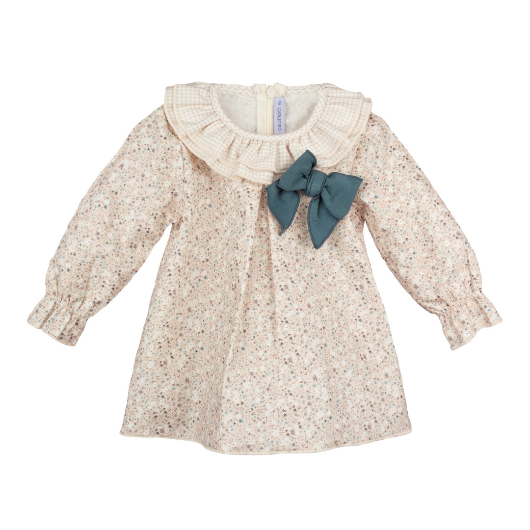 Vestido bebé flores beige con lazo verde – Calamaro