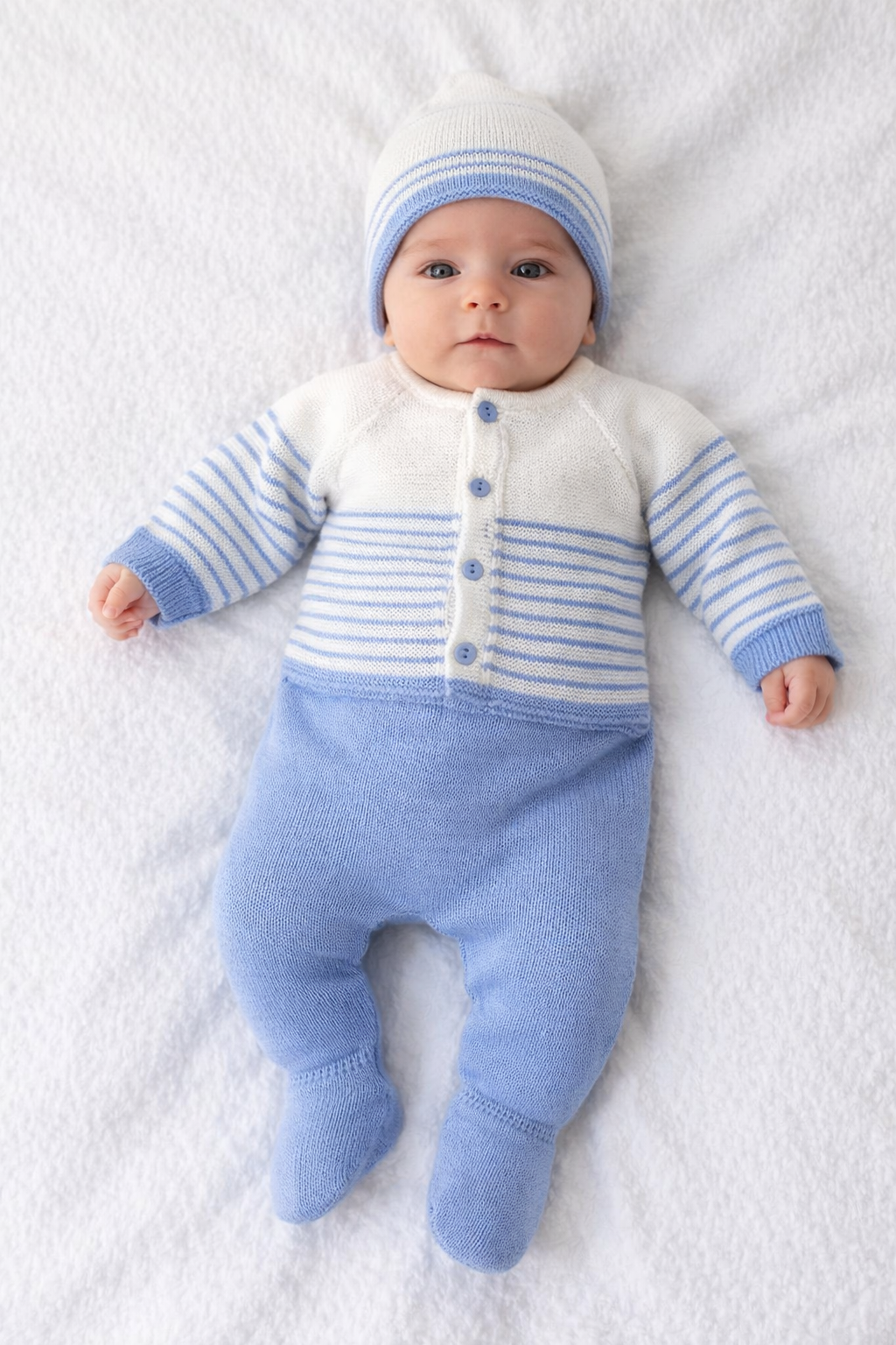 Conjunto de hilo para bebé azul 3 piezas – Jersey, polaina y gorrito