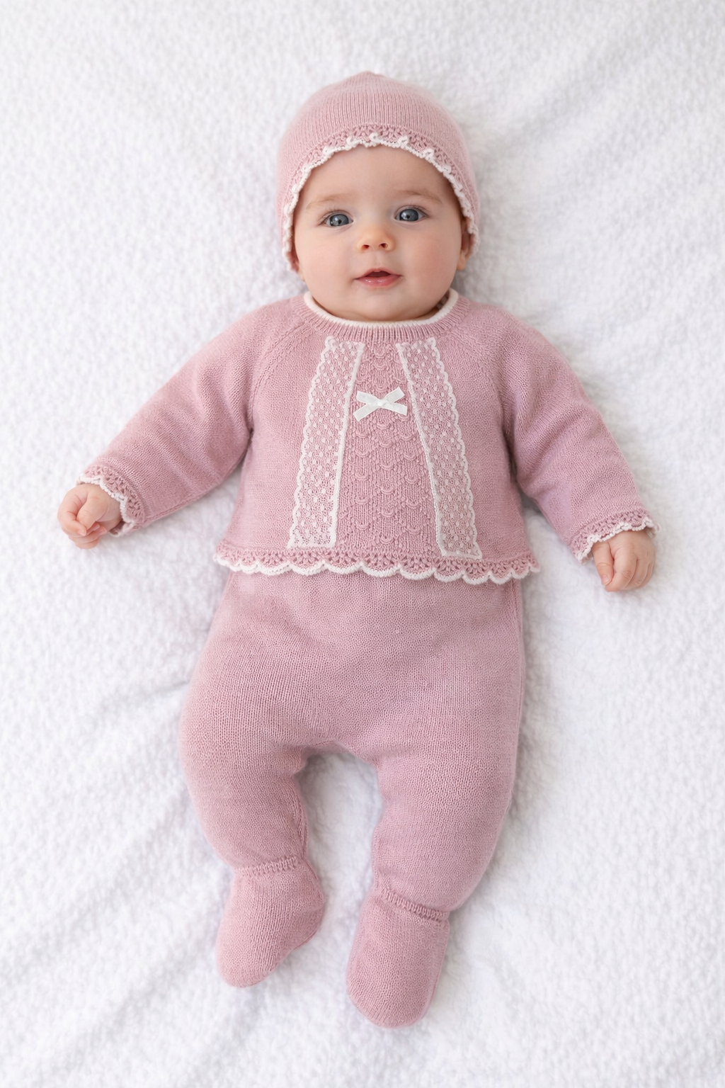 Conjunto de hilo para bebé rosa 3 piezas – Jersey, polaina y gorrito